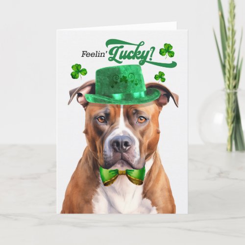 Tan Pit Bull Dog Feelin Lucky St Patricks Day Holiday Card