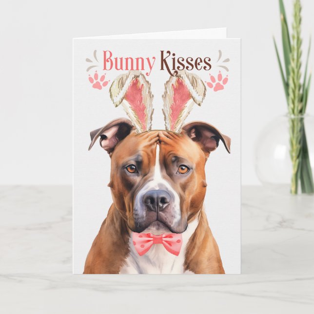 Tan Pit Bull Dog in Bunny Ears for Easter Holiday Card (Front)
