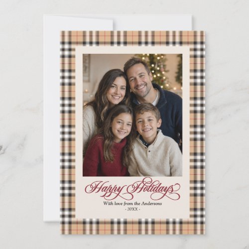 Tan Plaid Family Photo Calligraphy Happy Holidays Holiday Card