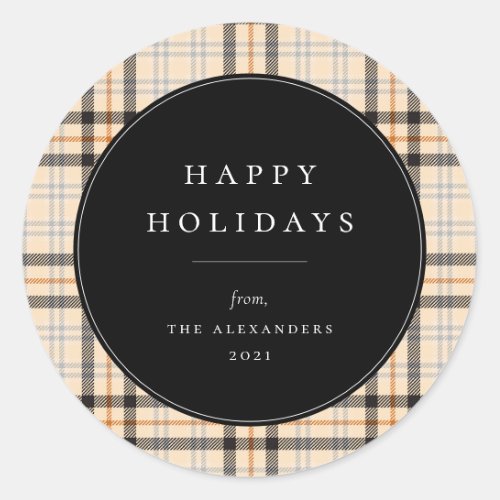 Tan Plaid Pattern Holiday Classic Round Sticker