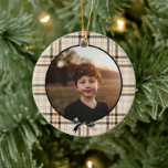 Tan Plaid Pattern Holiday Photo Ceramic Ornament<br><div class="desc">Tan tartan plaid pattern,  photo Christmas ornament. Round center photo frame with black watercolor bow accent.</div>