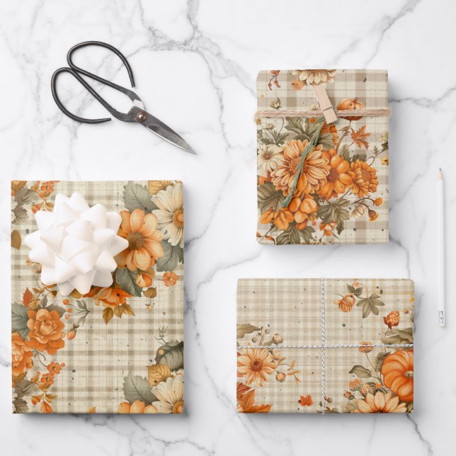 TAN PLAID PATTERN WITH PRETTY ORANGE FALL FLOWERS WRAPPING PAPER SHEETS (Front)