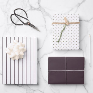 Tan Polka Dot and Dusty Plum Striped and Solid Wrapping Paper Sheets