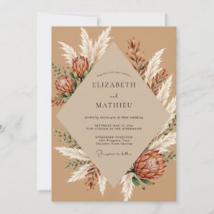 Tan Protea Pampas Eucalyptus Wedding Invitation