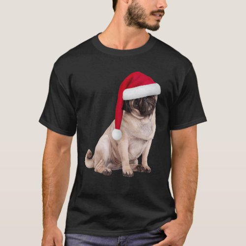 Tan Pug Santa Hat Image Christmas Cute Dog Pug T-Shirt