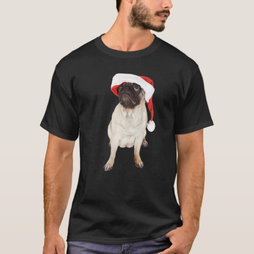 Tan Pug Santa Hat Image Christmas Dog Cute Pug T-Shirt