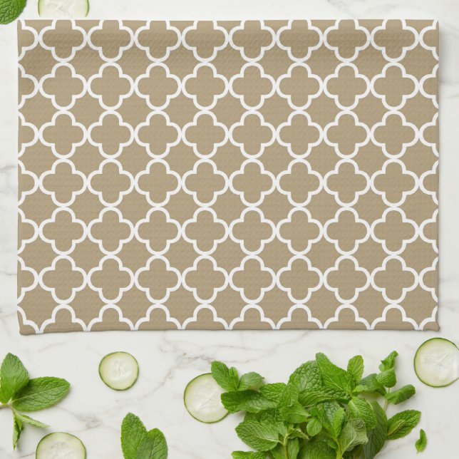 Tan Quatrefoil Clover Pattern Kitchen Towel (Folded)