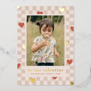 Tan Red Checkerboard Hearts Foil Holiday Card by AmberBarkley at Zazzle