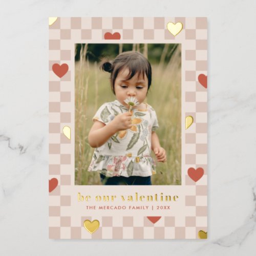 Tan Red Checkerboard Hearts Foil Holiday Card