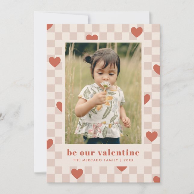 Tan Red Checkerboard Hearts Valentine's Day Card (Front)