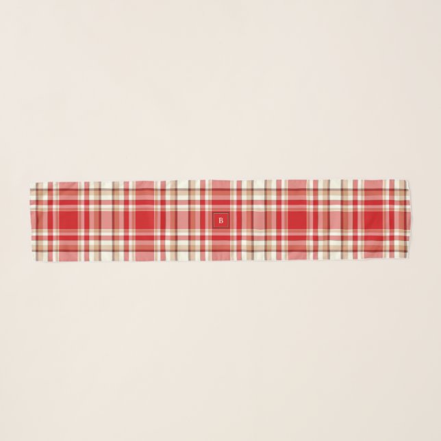 Tan & Red Plaid Long Coat Chiffon Scarf (Front (Horizontal))