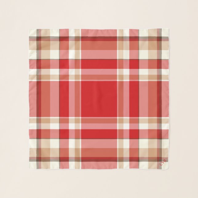 Tan & Red Plaid Square Coat Chiffon Scarf (Front)