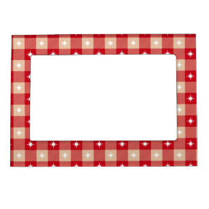 TAN & RED PLAID WITH WHITE WINTER SNOWFLAKES MAGNETIC FRAME
