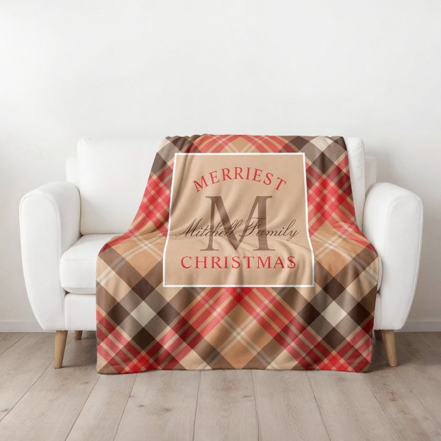 Tan Red Tartan Merriest Christmas Monogram Fleece Blanket (Creator Uploaded)