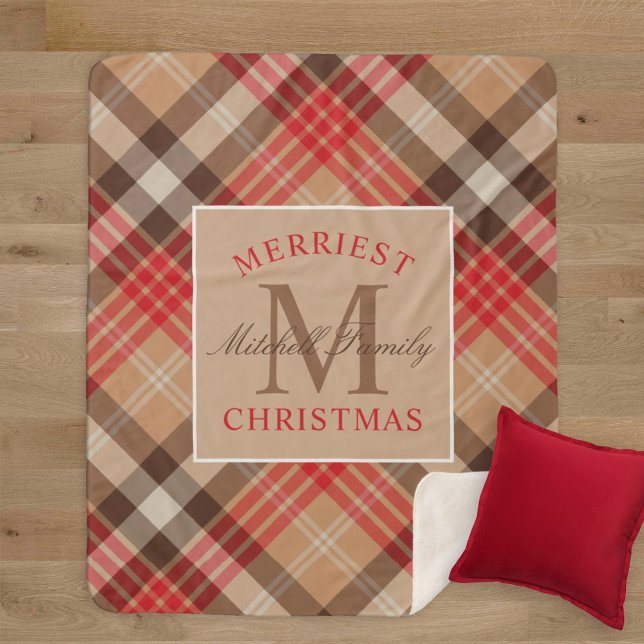 Tan Red Tartan Merriest Christmas Monogram Sherpa Blanket (Creator Uploaded)
