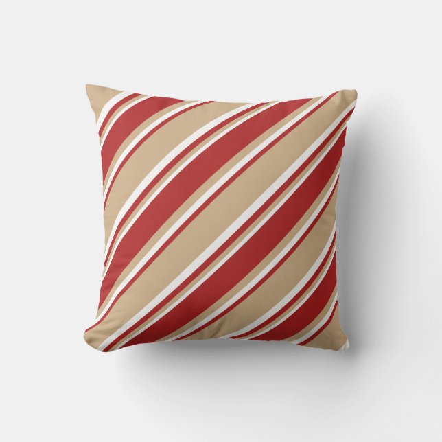 Tan, Red & White Stripes Pattern Throw Pillow (Front)