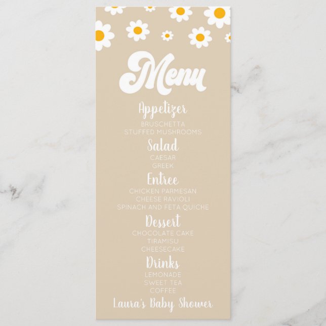 Tan Retro Daisy Flower Baby Shower Food Menu (Front)