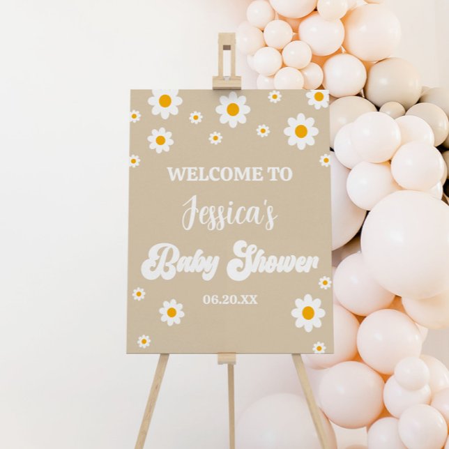 Tan Retro Daisy Flower Baby Shower Welcome Sign (Creator Uploaded)