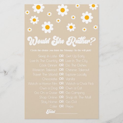 Tan Retro Daisy Would She Rather Baby Shower Game Stationery