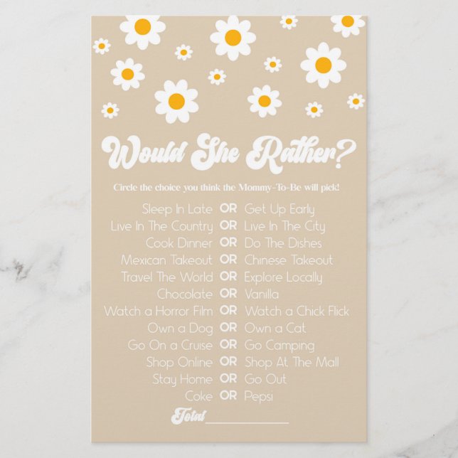 Tan Retro Daisy Would She Rather Baby Shower Game Stationery (Front)