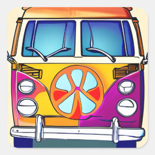 Tan Retro Hippie Van Vintage Art Square Sticker
