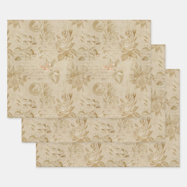 Tan Roses and Writing Wrapping Paper Sheets (Set)