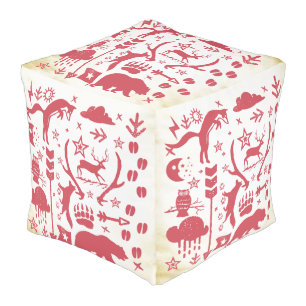 Tan Rustic Bear Fox Deer Vintage Modern Pattern Pouf