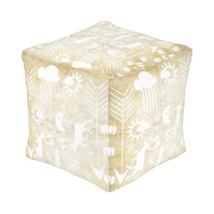 Tan Rustic Bear Fox Deer Vintage Modern Pattern Pouf