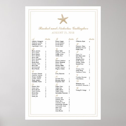 Tan Sand Graceful Starfish 24 x 36 Seating Chart