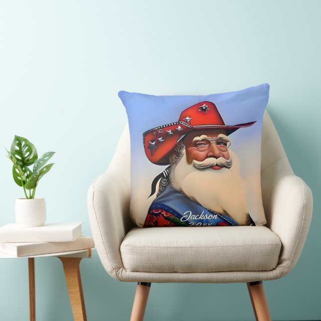 Tan Santa Claus in a Cowboy Hat Christmas Throw Pillow (Chair)