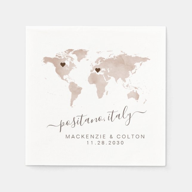 Tan Sepia Brown World MapMoveable Hearts Wedding Napkins (Front)