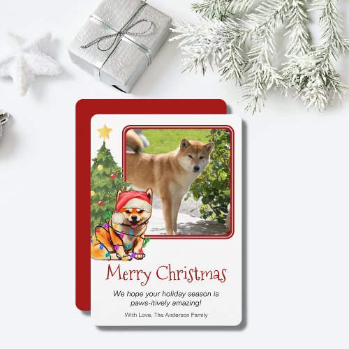 Tan Shiba Inu and Christmas Tree Pet Dog One Photo Holiday Card