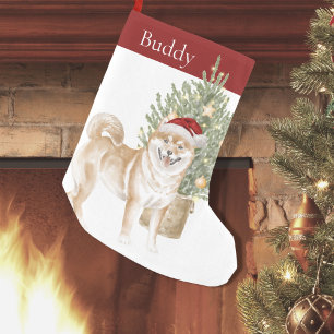 Tan Shiba Inu Dog Christmas Tree Watercolor Pet Small Christmas Stocking