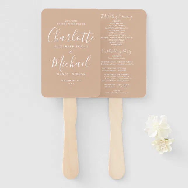 Tan Signature Script Wedding Program Hand Fan | Zazzle