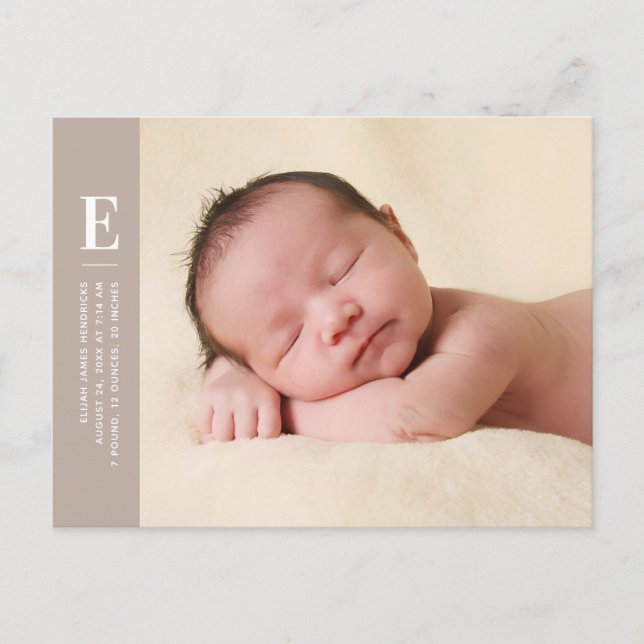 Tan Simple Minimalist 1-Photo Birth Announcement Postcard (Front)