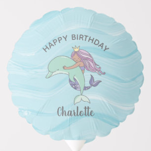 Tan Skin Purple Mermaid with Dolphin Birthday Balloon