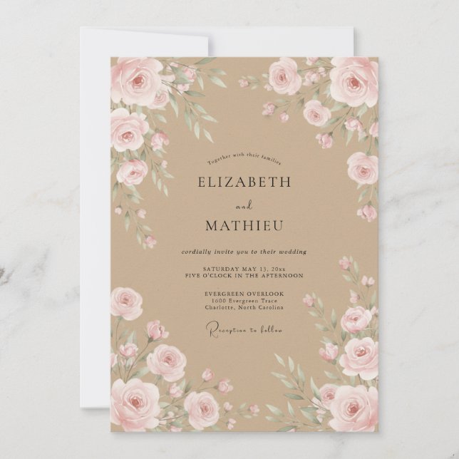 Tan Soft Pink Ranunculus Eucalyptus Wedding Invitation (Front)