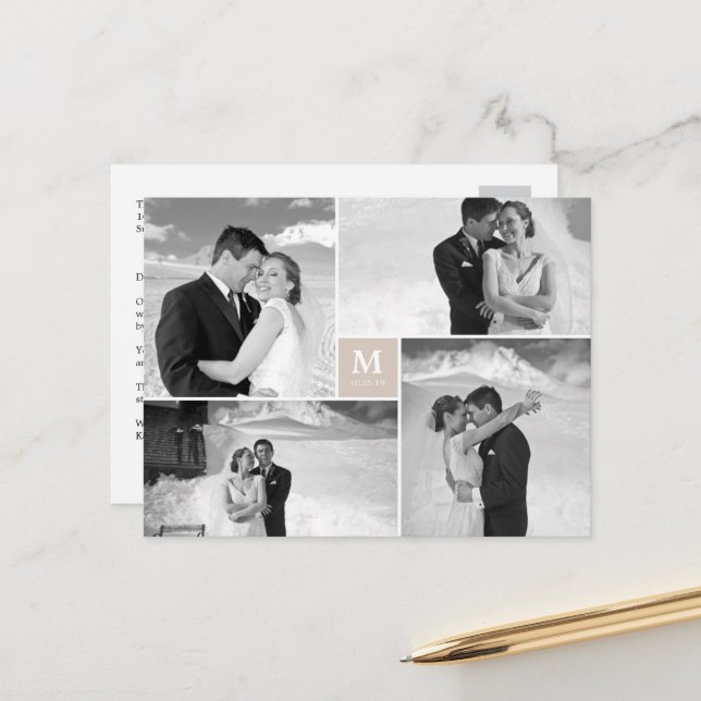 Tan Square Monogram 4 Photo Wedding Thank You Postcard (Front/Back In Situ)