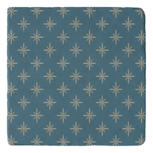 Tan Starbursts on Blue Retro Mid Century Pattern Trivet