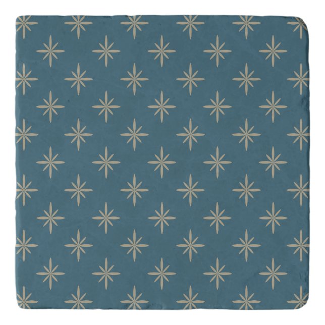 Tan Starbursts on Blue Retro Mid Century Pattern Trivet (Front)