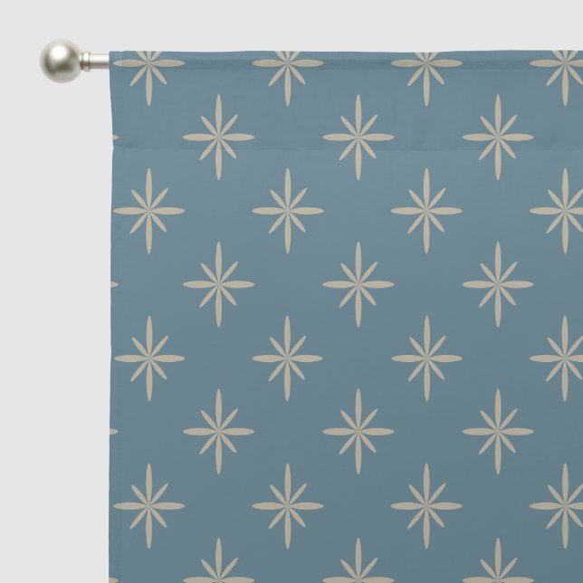 Tan Stars on Blue Retro Atomic Mid Century Sheer Curtains (Pocket)