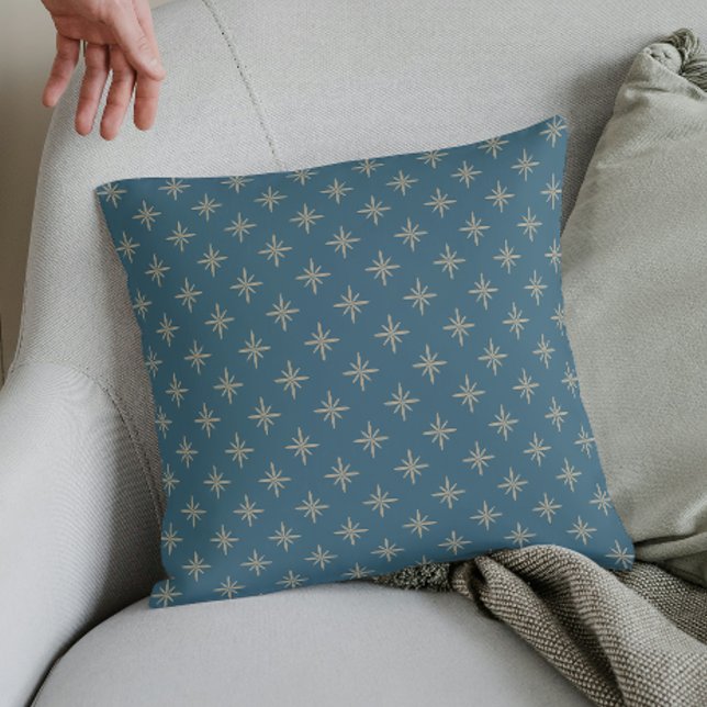 Tan Stars on Blue Retro Mid Century Pattern Throw Pillow (Creator Uploaded)