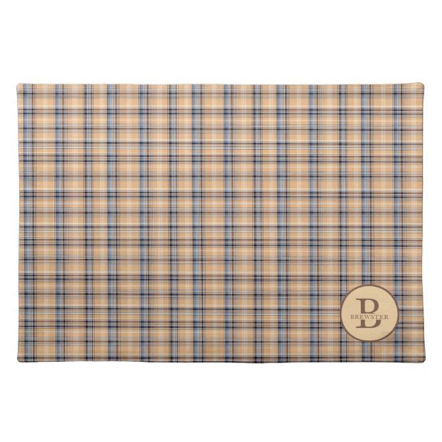 Tan Tartain Plaid Monogrammed Cloth Placemat (Front)