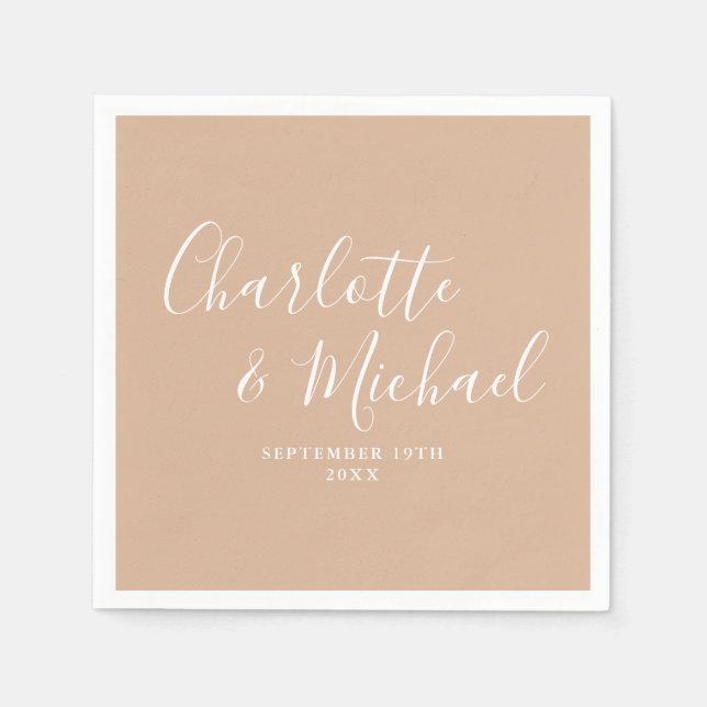 Tan Taupe Elegant Signature Script Wedding Napkins (Front)