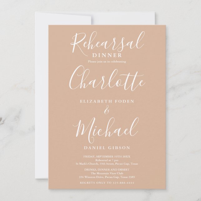Tan Taupe Signature Script Rehearsal Dinner Invitation (Front)