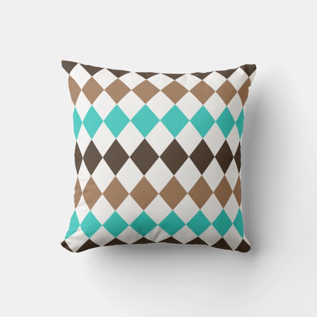 Tan, Teal, and Brown Diamond Harlequin Throw Pillow (Front)