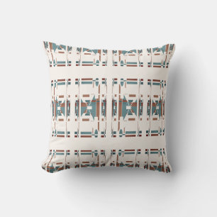 Tan Teal Blue Off-white Southwest Rows Art Motif Throw Pillow