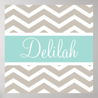 Tan Teal Chevron Custom Name Poster