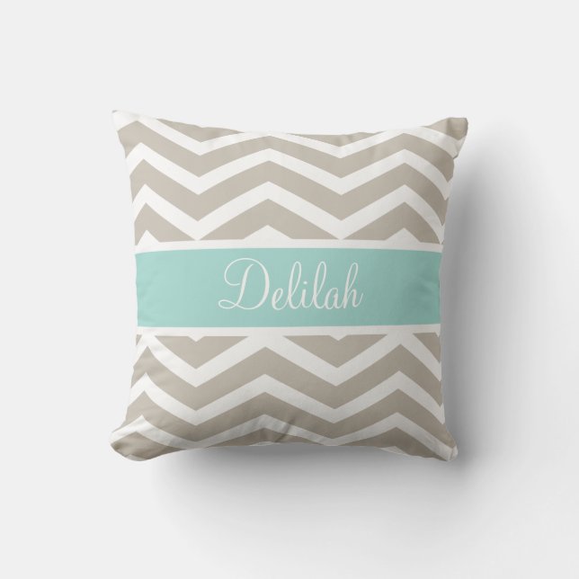 Tan Teal Chevron Custom Name Throw Pillow (Front)