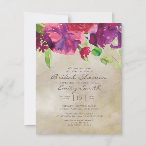 Tan Texture Purple Red Floral Bridal Shower Invitation